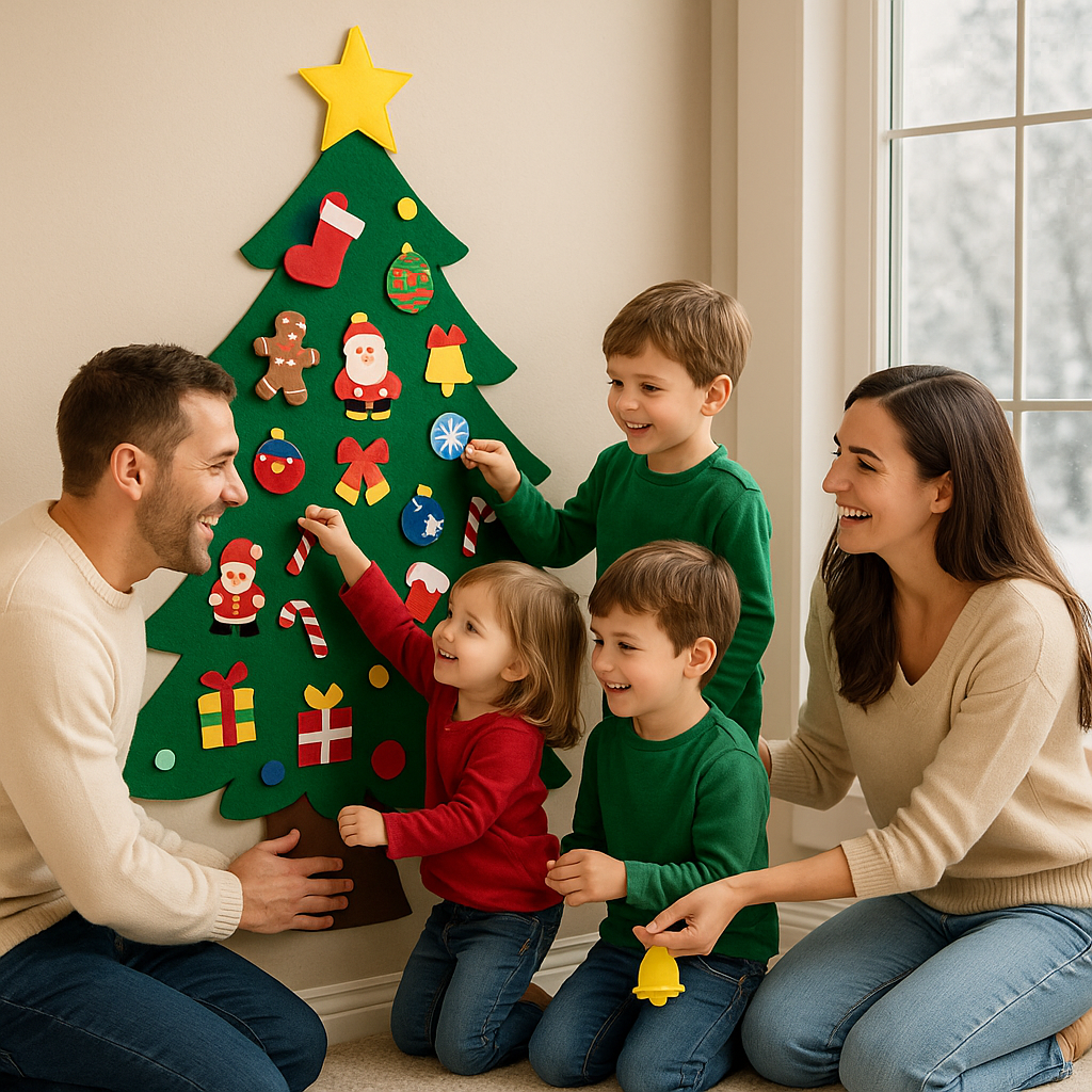 Árbol de navidad de fieltro con 25 adornos + luces de 3m