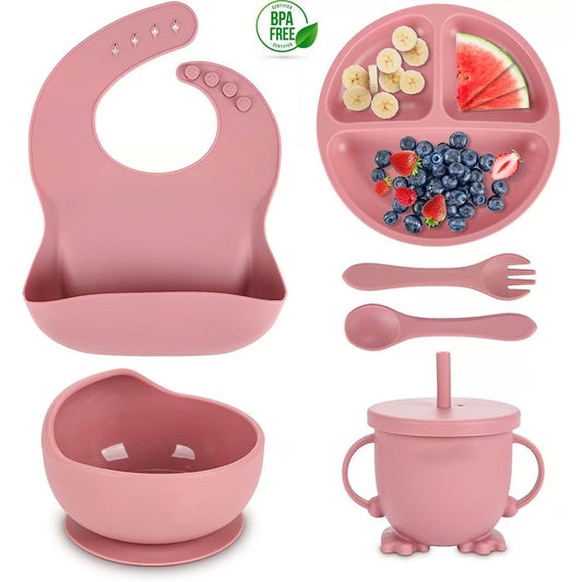 Kit de loiça de silicone para bebé – rosa